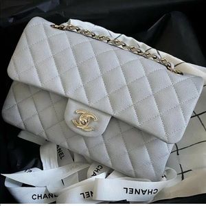 Authentic Chanel RECEIPT 21A Caviar Gold Double Flap Classic Flap Gray Grey BNIB